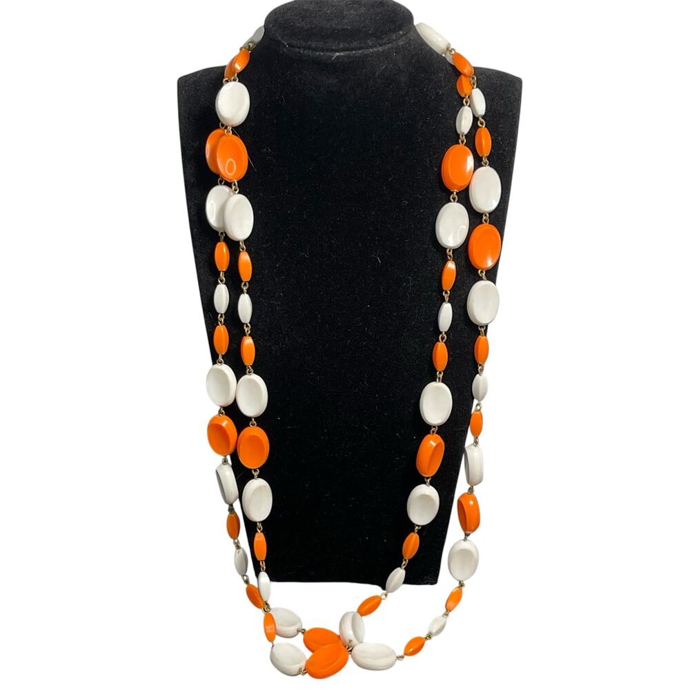 Vtg 1970s/80s Orange and White Beaded Long Statement Necklace Retro Mod